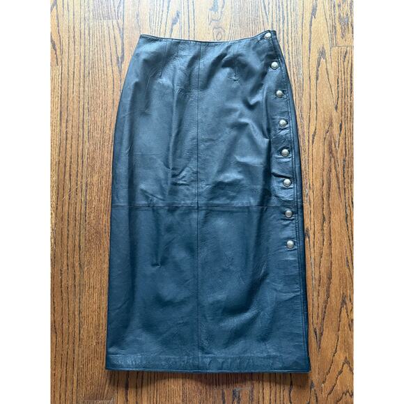 Vintage Long Black Leather Skirt Button StreetWear StreetStyle Punk Goth Metal - Picture 2 of 6